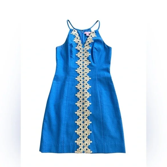 Lilly Pulitzer Pearl Lapis Blue Gold Lace Pique Shift Dress Rare - Picture 2 of 4